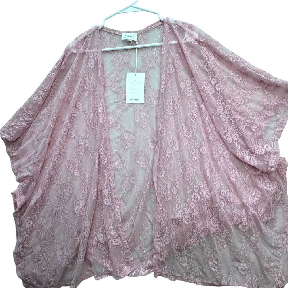 Andree By Unit Kimono Cardigan Women 2X Pink Floral Lace Sheer Boho NEW pretty
